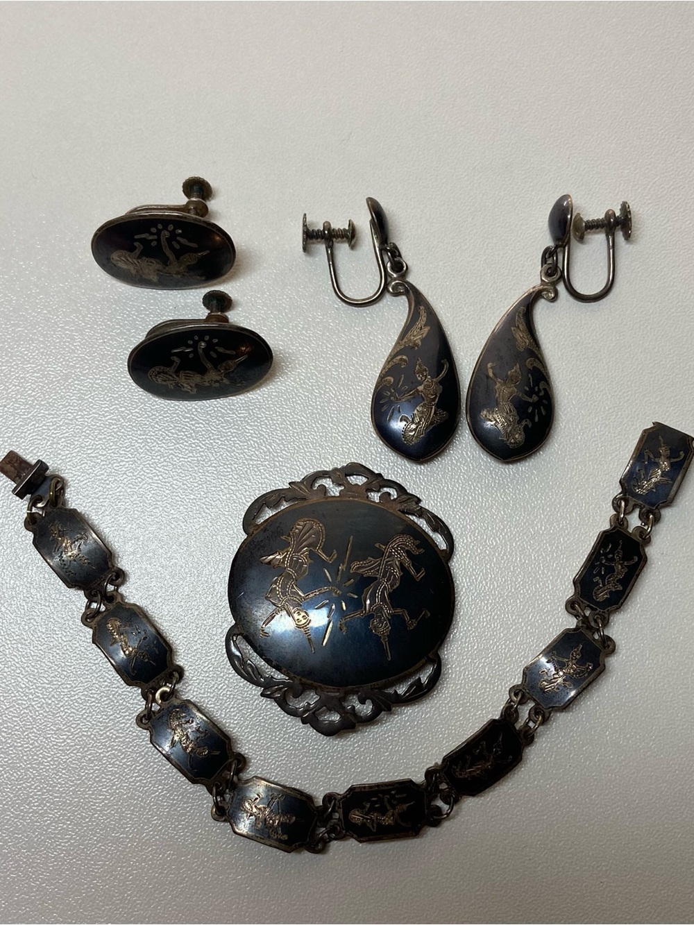 VTG 1950s Siam Sterling Silver Niello Jewelry Set Bracelet Brooch Earrings Thai